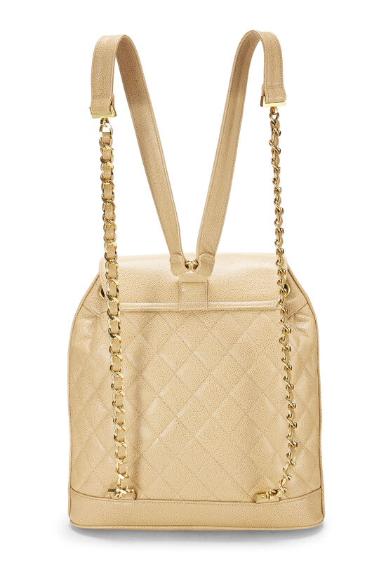 Beige Quilted Caviar Circle Lock Backpack Large