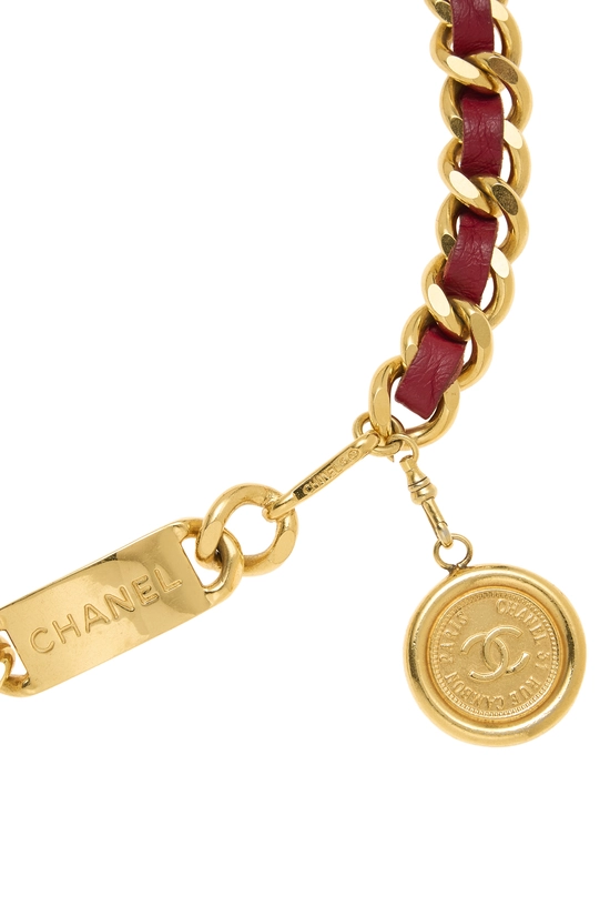 Gold & Red Leather Chain Belt, , large image number 1