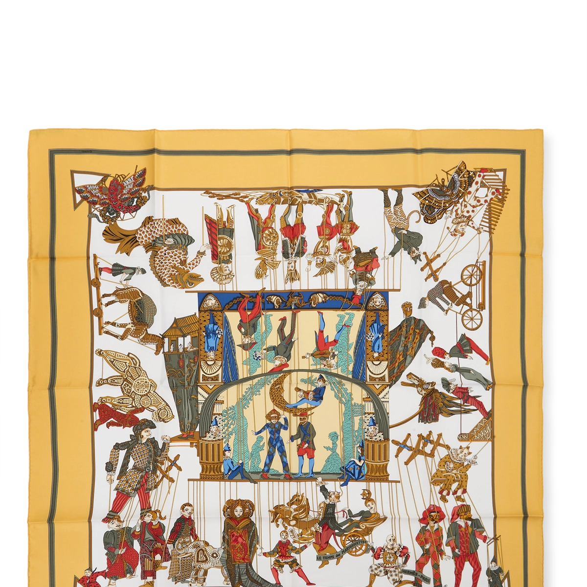 Hermès Orange & Multicolor 'Le Temps des Marionnettes' Silk Scarf 90