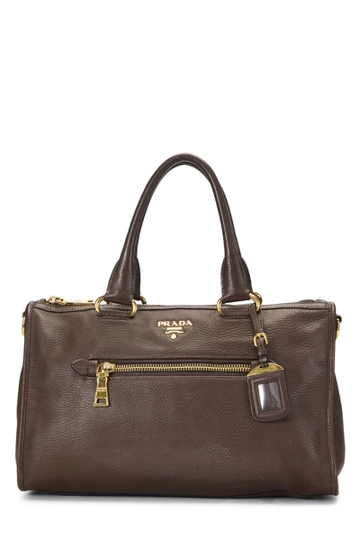 Prada Brown Vitello Daino Convertible Zip Handbag Medium