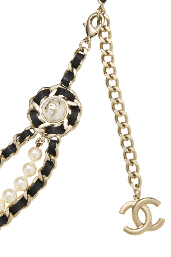 Gold & Black Faux Pearl Chain Belt 3, , large image number 1