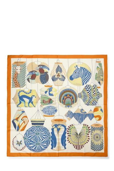 Orange & Multicolor 'Lanternes Ballons et Cocardes' Silk Scarf 90