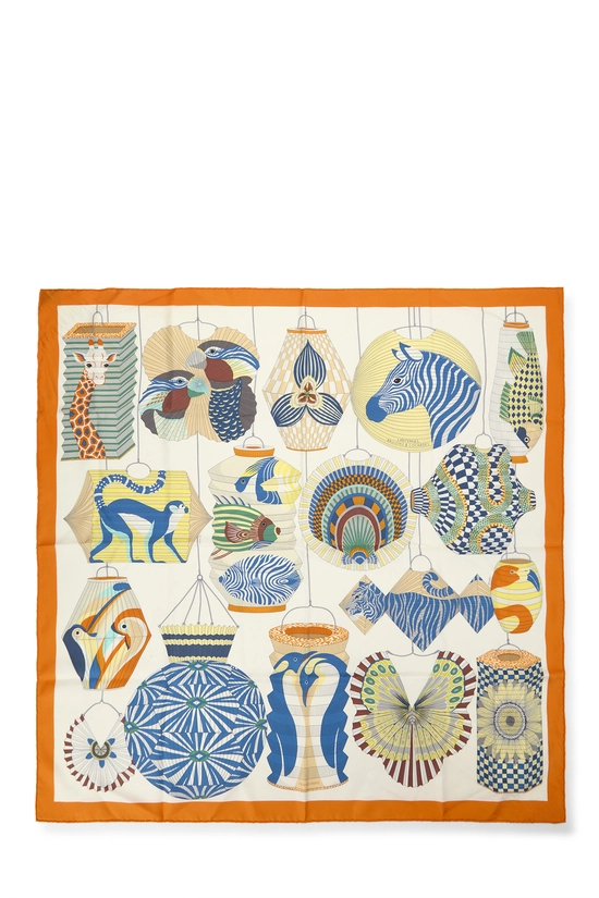 Orange & Multicolor 'Lanternes Ballons et Cocardes' Silk Scarf 90, , large image number 0