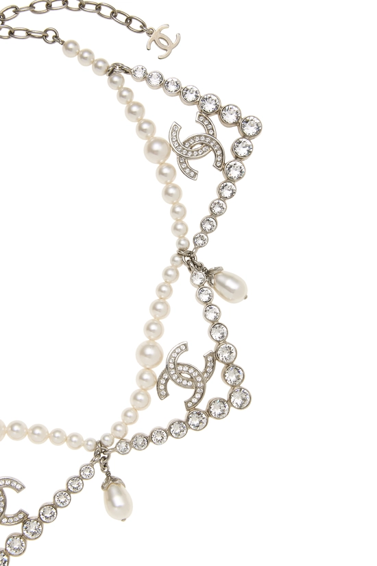 Silver Faux Pearl & Crystal 'CC' Necklace, , large image number 1