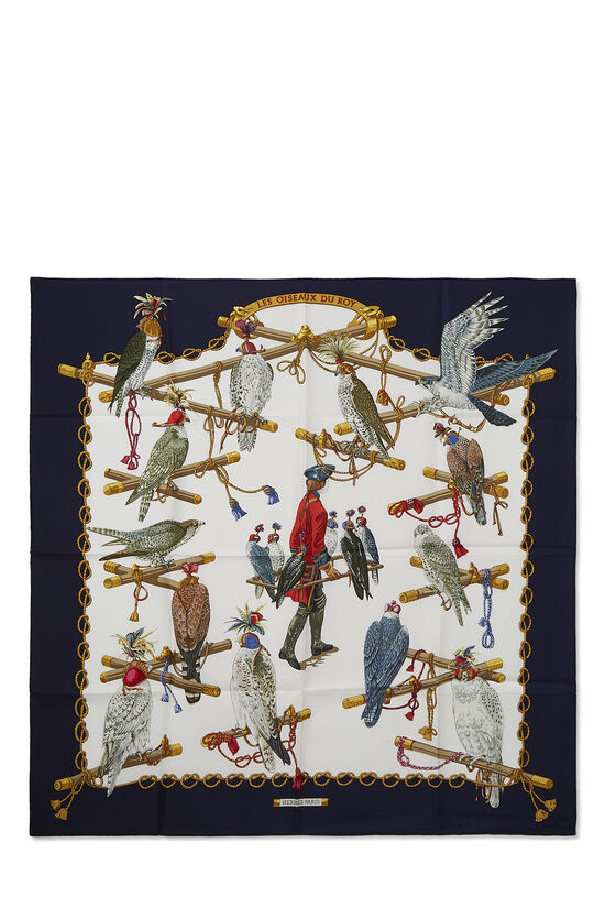 Navy & Multicolor 'Les Oiseaux du Roy' Silk Scarf 90, , large image number 0