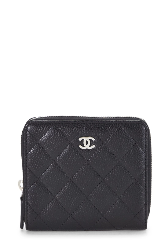 Black Quilted Caviar Compact Zip Around Wallet, , large image number 0