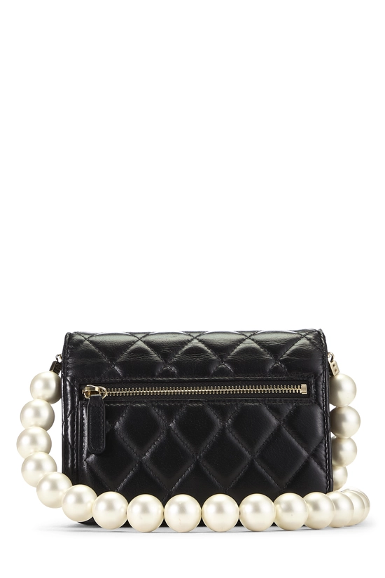Black Quilted Lambskin Faux Pearl Chain Clutch, , large image number 3
