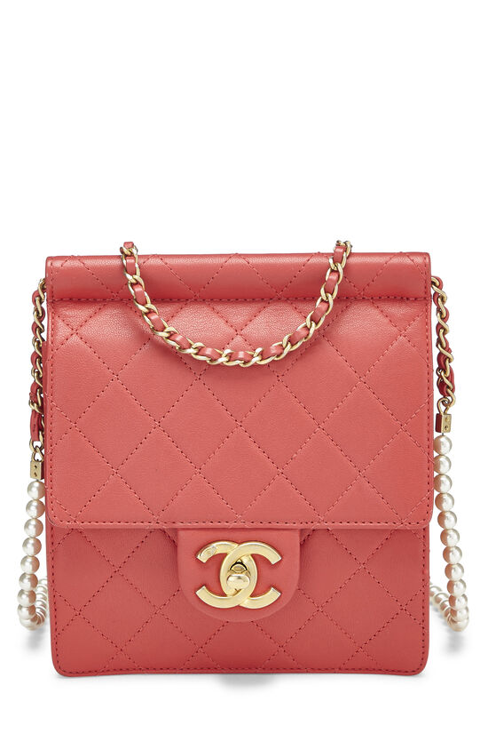 Red Quilted Lambskin Faux Pearl Chain Flap Bag, , large image number 0