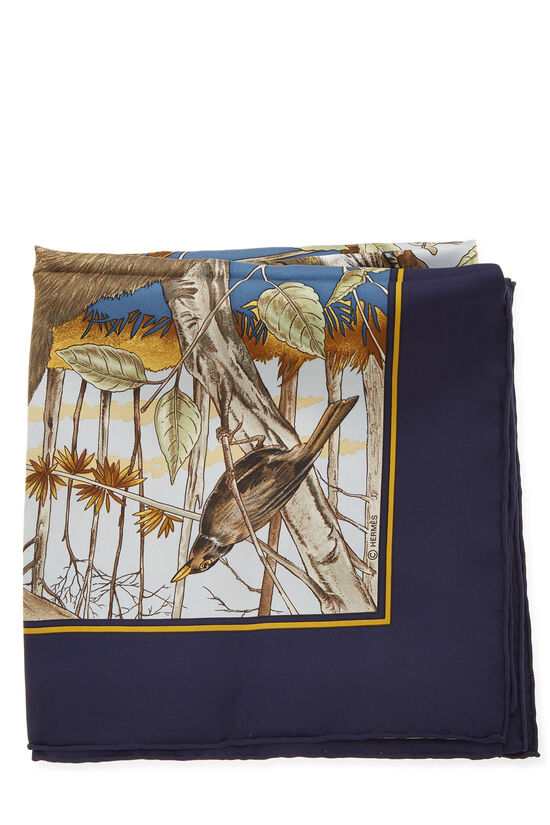 Navy & Multicolored 'Chasse Au Bois' Silk Scarf 90, , large image number 1