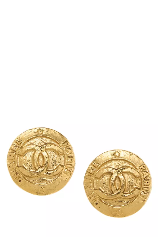 Gold Hammered Round 'CC' Earrings Small, , large image number 0