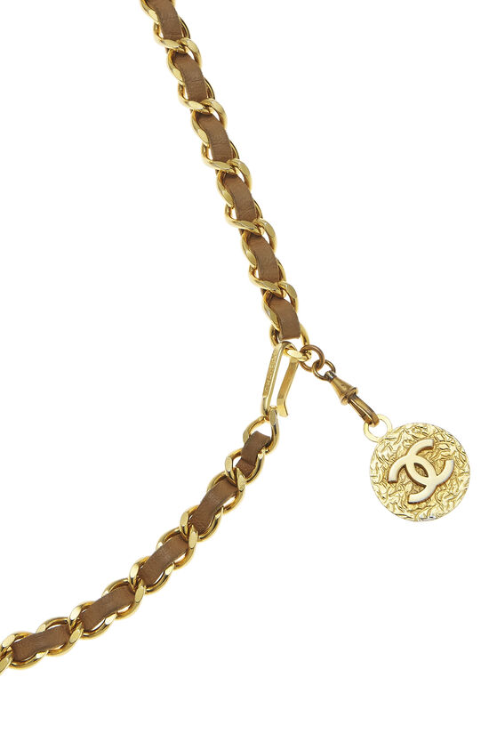 Gold & Beige Leather Chain Belt, , large image number 1