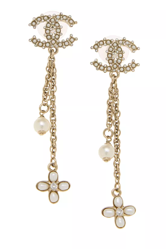Gold Crystal Faux Pearl 'CC' Dangle Earrings, , large image number 0
