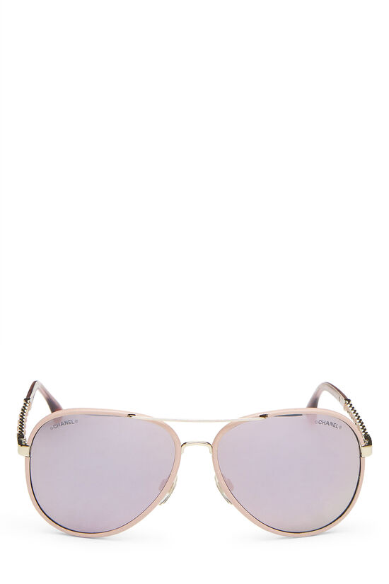 Pink Leather & Chain-Link Aviator Sunglasses, , large image number 1