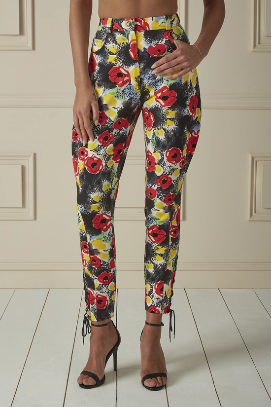 Multicolor Floral Printed Denim High-Waisted Pants, , large image number 0