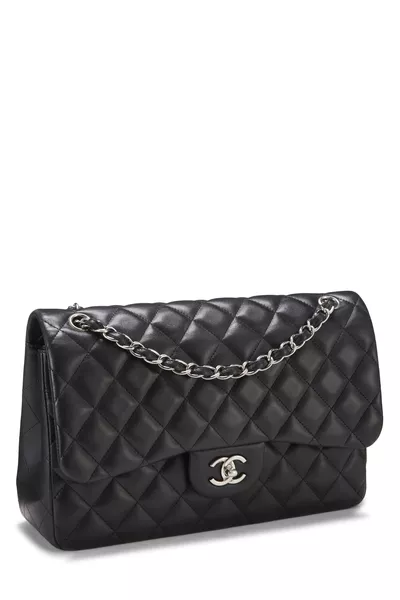 Black Quilted Lambskin New Classic Double Flap Jumbo, , large