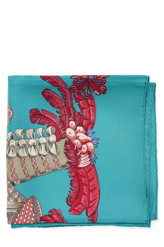 Turuoise & Multicolor 'Chapeau' Silk Scarf 90, , large image number 1