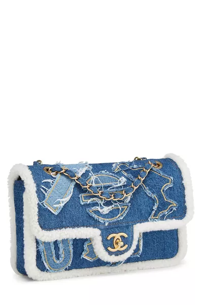 Paris-Egypt Blue Denim & Shearling Hieroglyph Flap Medium, , large