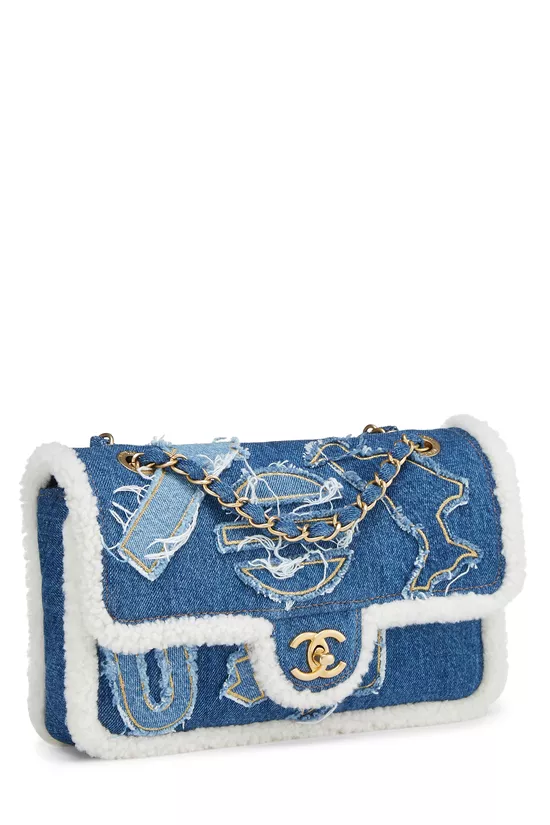 Paris-Egypt Blue Denim & Shearling Hieroglyph Flap Medium, , large image number 1