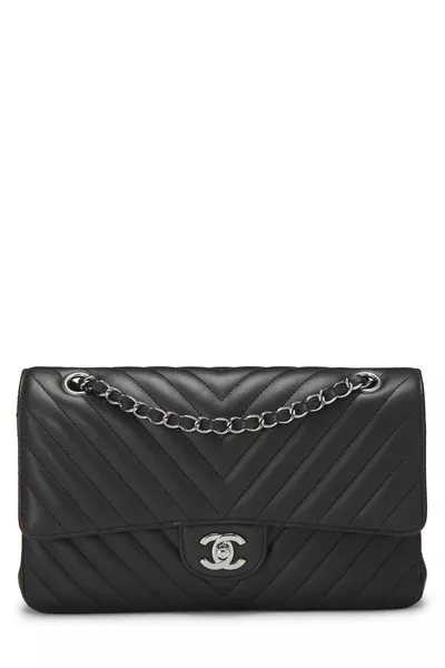 Black Chevron Lambskin Classic Double Flap Medium