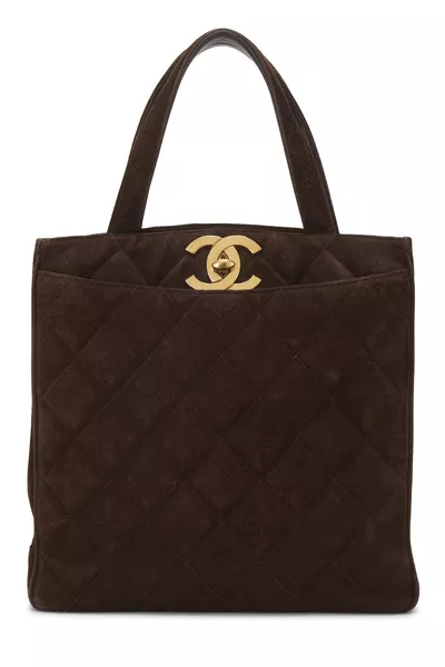 Brown Quilted Suede Turnlock Tote Large