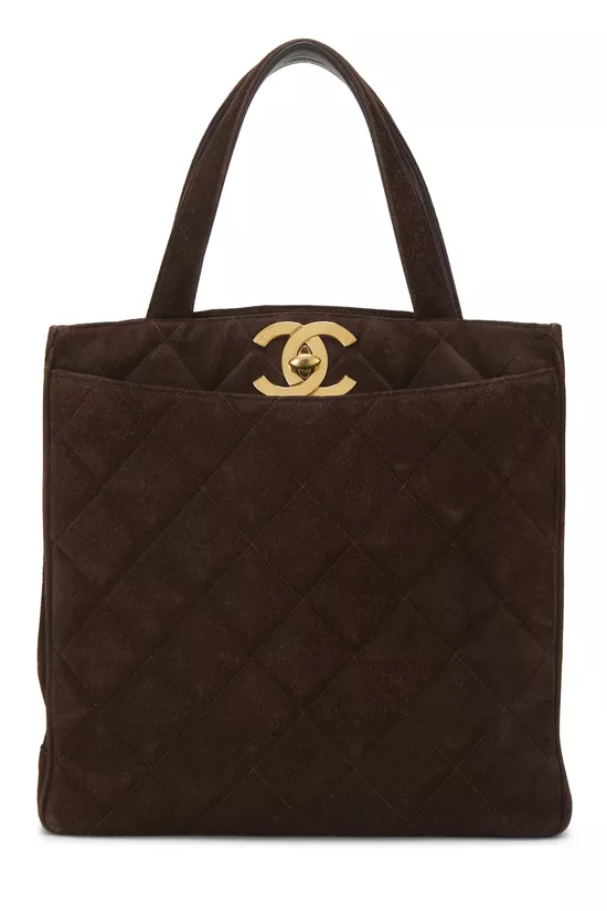 Brown Quilted Suede Turnlock Tote Large, , large image number 0