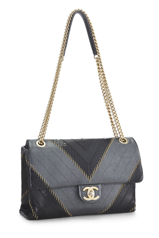 Black Calfskin Patchwork Chevron Flap Bag, , large image number 1