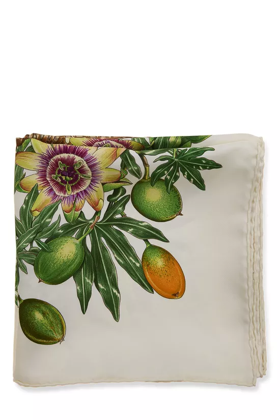Cream & Multicolor 'Passiflores' Silk Scarf 90, , large image number 1
