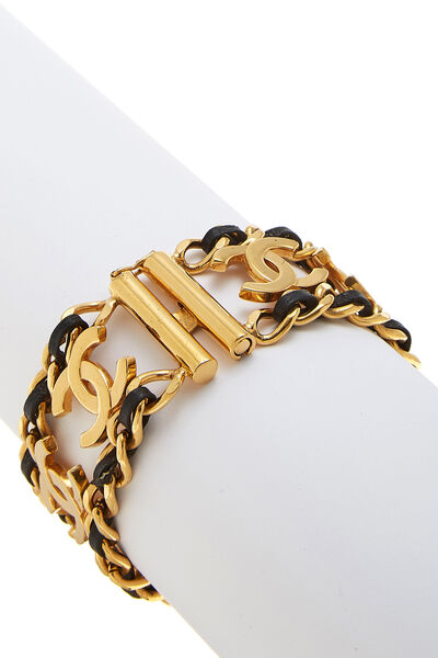 Gold & Lambskin Chain 'CC' Bracelet, , large