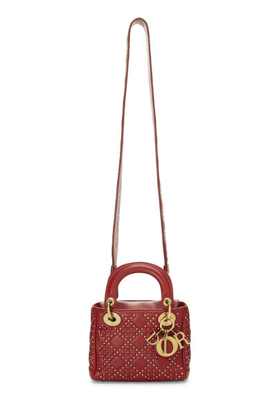 Red Studded Leather Lady Dior Mini, , large