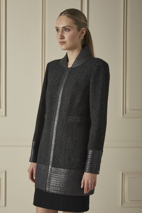 Chanel Grey Herringbone Wool Leather Trim Coat 60CHW-223