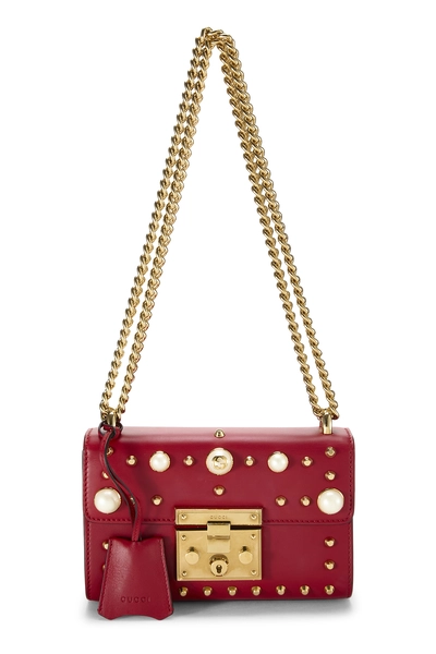 Gucci Red Leather Studded Padlock Shoulder Bag Small