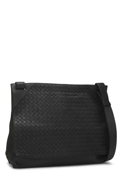 Black Intrecciato Leather Flat Messenger Bag, , large