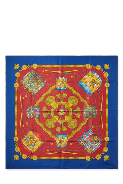 Red & Multicolor 'Les Tambours' Silk Scarf 90