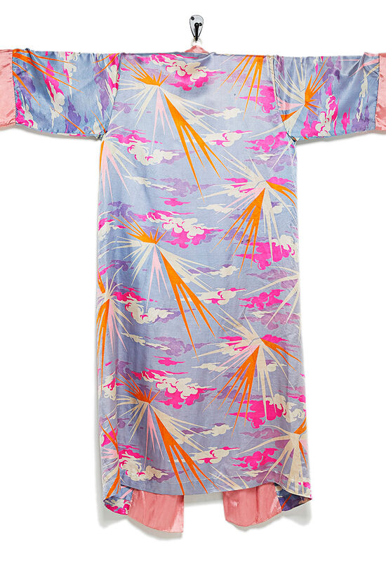 Pink & Blue Silk Cloud Print Robe, , large image number 1