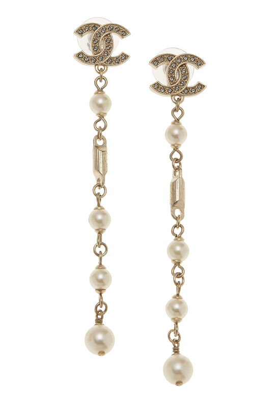 Gold Crystal Faux Pearl Dangle Earrings, , large image number 0