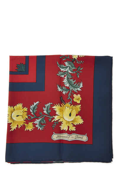 Red & Multicolor 'Les Jardiniers du Roy' Silk Scarf 90, , large