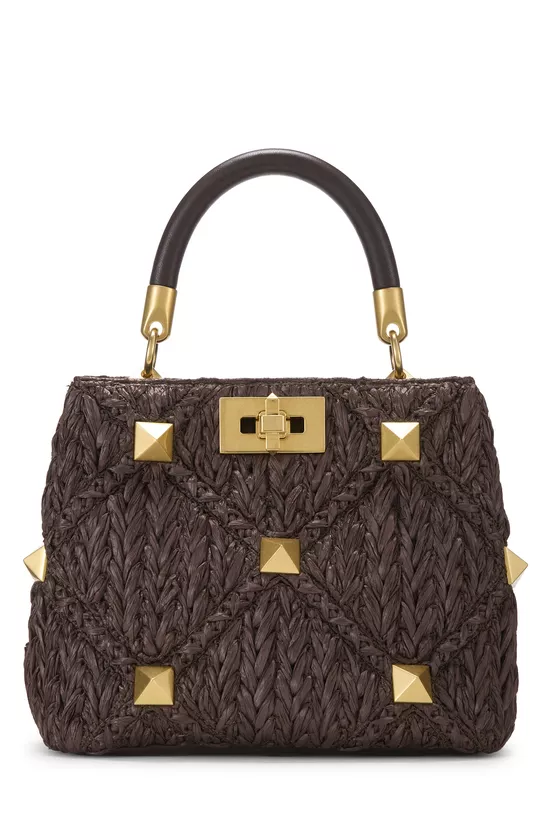 Brown Raffia Roman Stud Top Handle Bag Small, , large image number 0