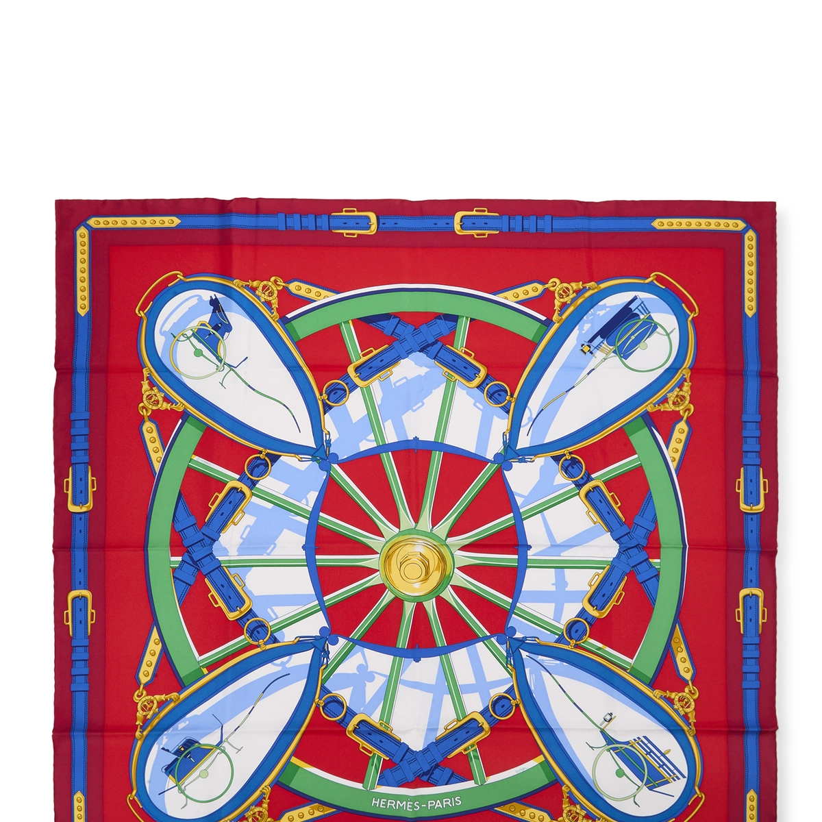 Hermès Red & Multicolor 'Chemise en Roue Libre' Silk Scarf 90