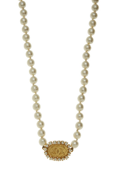 Faux Pearl & Gold Quilted 'CC' Necklace , , large