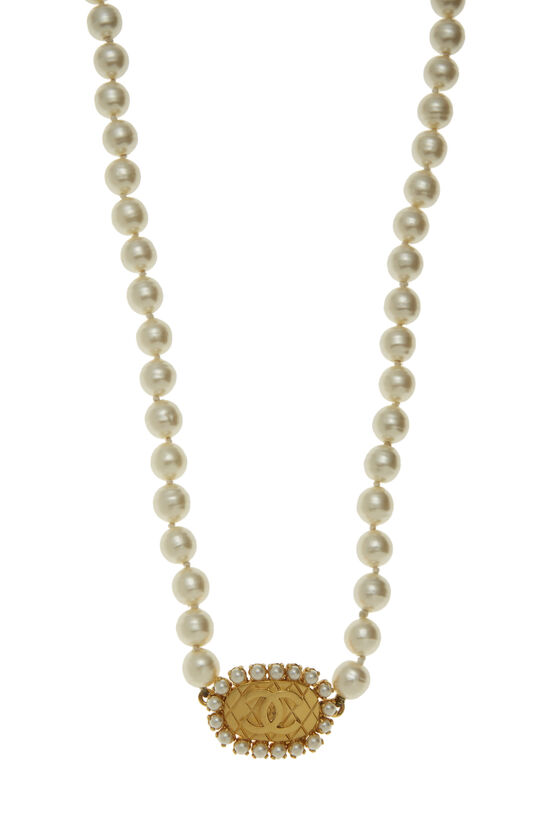 Faux Pearl & Gold Quilted 'CC' Necklace , , large image number 1