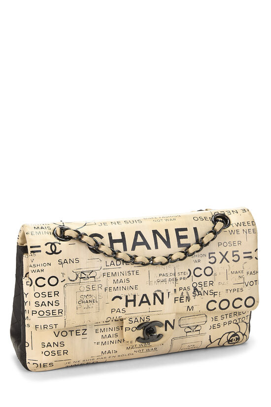 Beige Calfskin Graffiti Newspaper Classic Double Flap Medium, , large image number 1