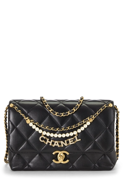 Chanel Black Quilted Lambskin Pearl Logo Flap Bag Small