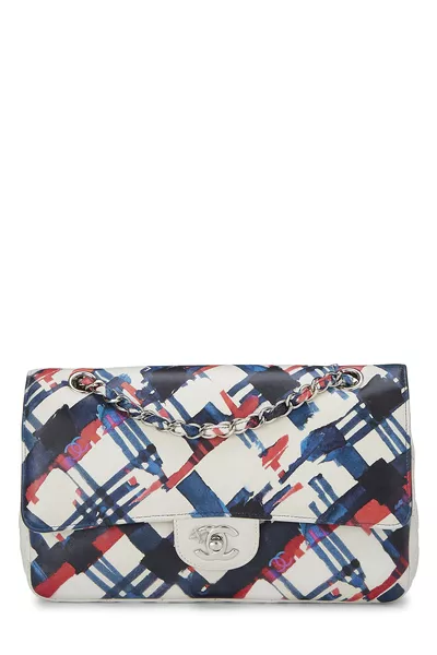 White & Multicolor Plaid Calfskin Airline Classic Double Flap Medium