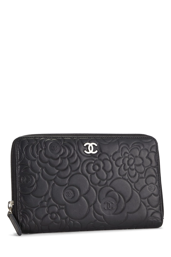 Black Embossed Lambskin Leather Camellia Zip Around Wallet Long, , large image number 1