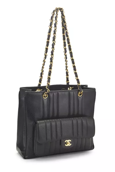 Black Vertical Quilted Caviar Pocket Tote, , large