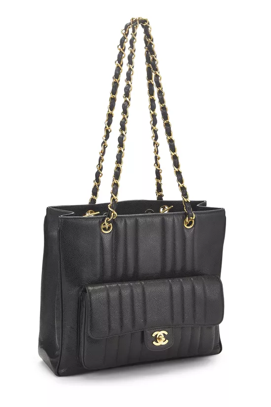 Black Vertical Quilted Caviar Pocket Tote, , large image number 1