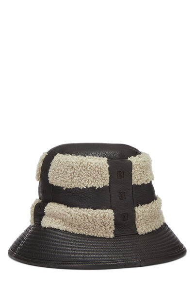 Brown Leather & Shearling Bucket Hat, , large