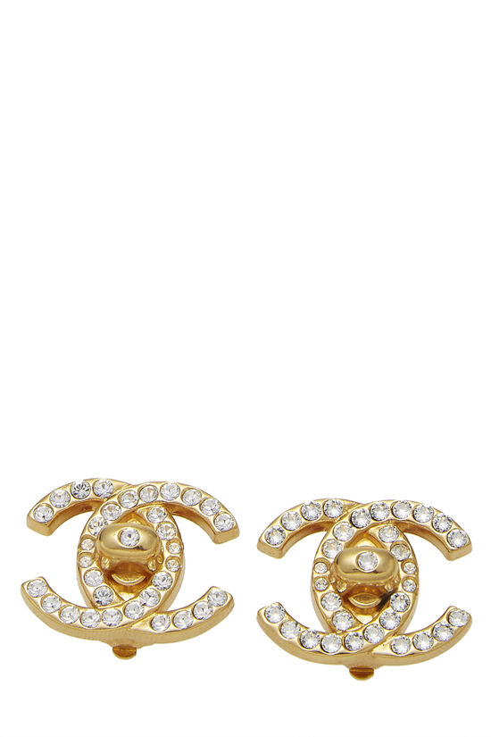 Gold & Crystal 'CC' Turnlock Earrings Medium, , large image number 0