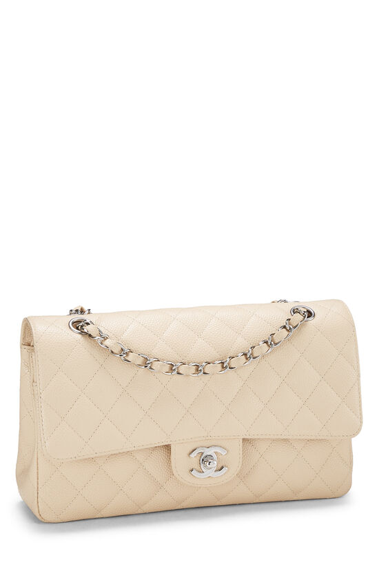 Chanel Beige Quilted Caviar Small Classic Double Flap Silver