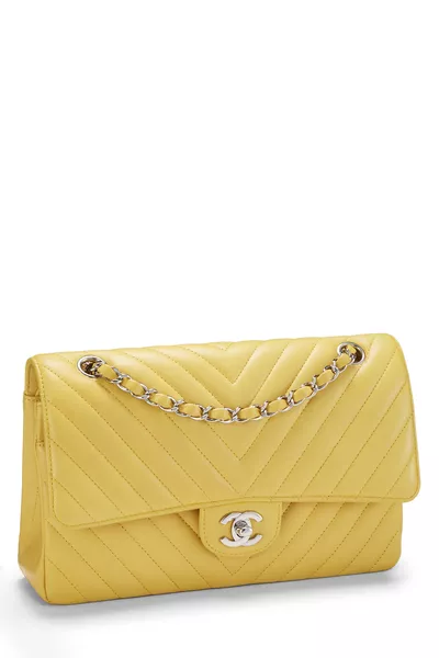 Yellow Chevron Lambskin Classic Double Flap Medium, , large